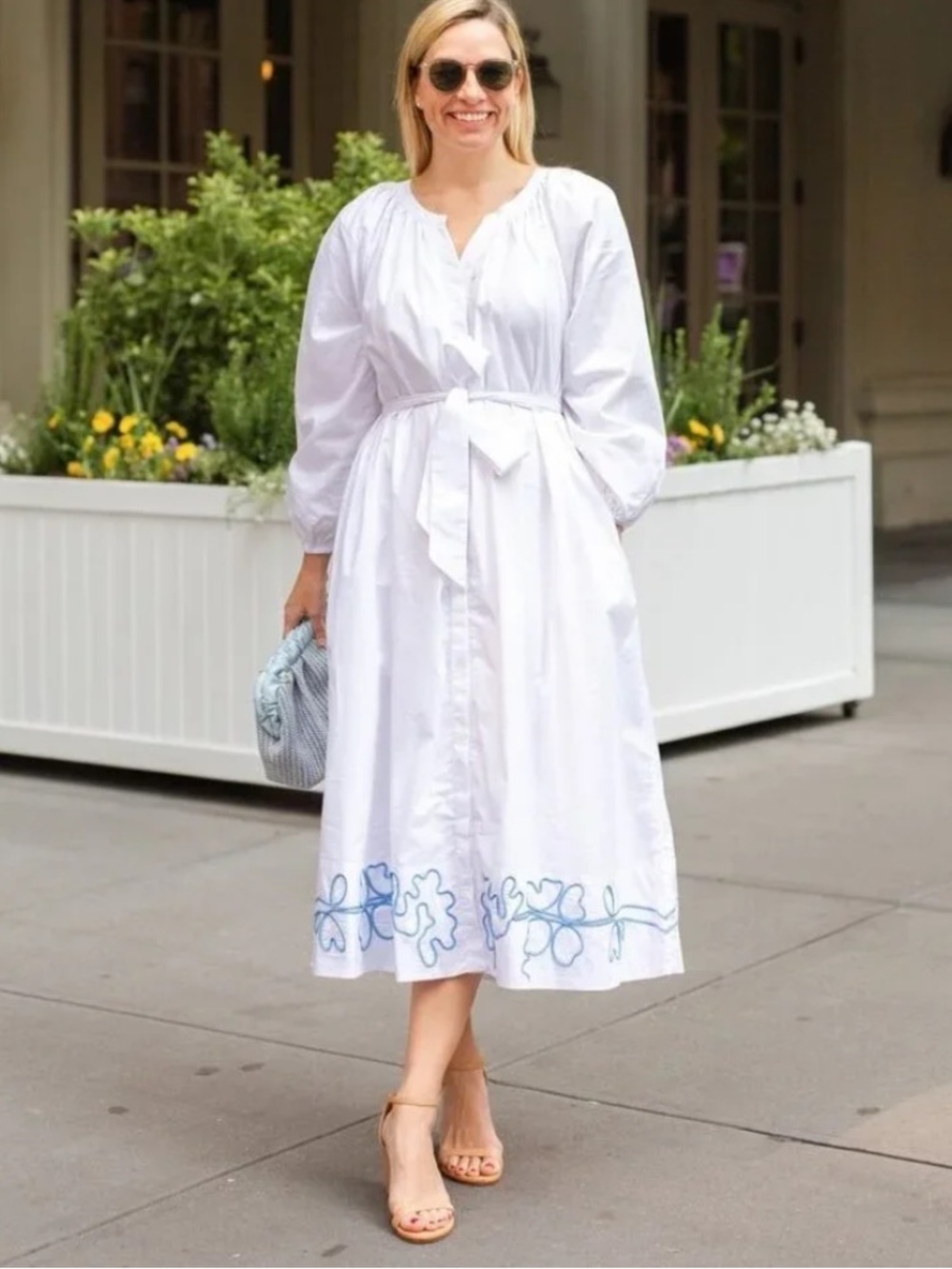 LAKE White Midi Dress with Blue Embroidered Hem and Tie Waist